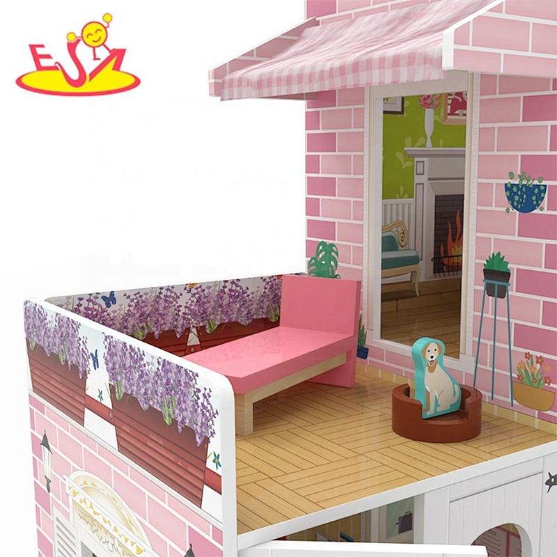 Best design ligthed wooden doll house set with garden W06A381