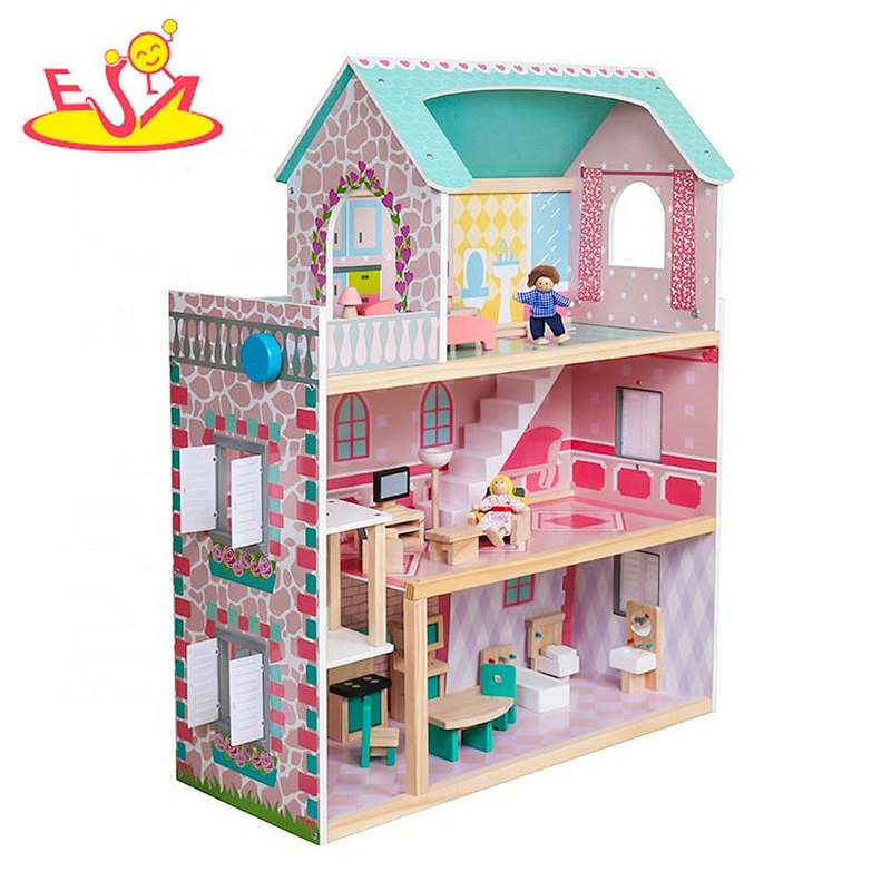 Most popular 3 floors girls wooden dolls house with lift W06A372