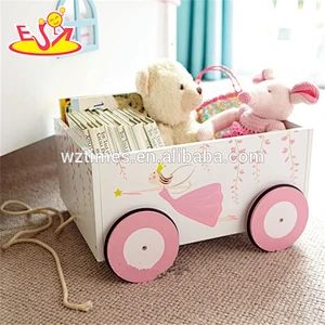 wholesale top quality MDF pull and push kids wooden toy box hot sale Wooden Storage Box with 4 Wheels W08C128