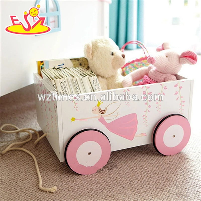 wholesale top quality MDF pull and push kids wooden toy box hot sale Wooden Storage Box with 4 Wheels W08C128