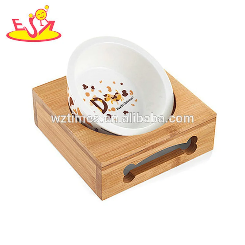 Wholesale creative customized safety stainless steel bowl wooden pet feeder bowl W06F054