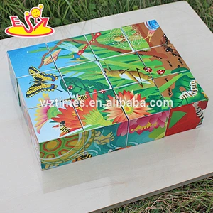 Wholesale interesting wooden cartoon pattern cube jigsaw puzzle toy for kids W14F045