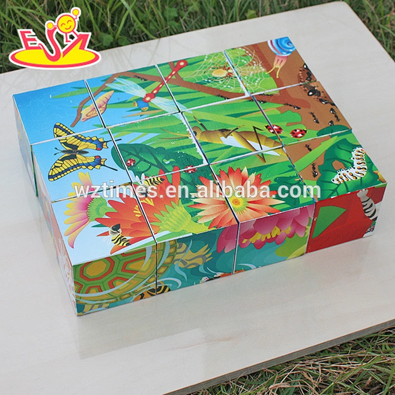 Wholesale interesting wooden cartoon pattern cube jigsaw puzzle toy for kids W14F045