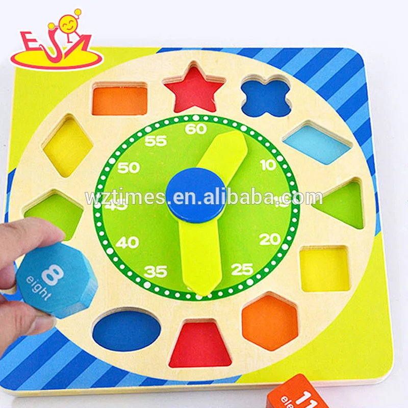 Wholesale educational puzzle wooden block clock toy for kids W14K047
