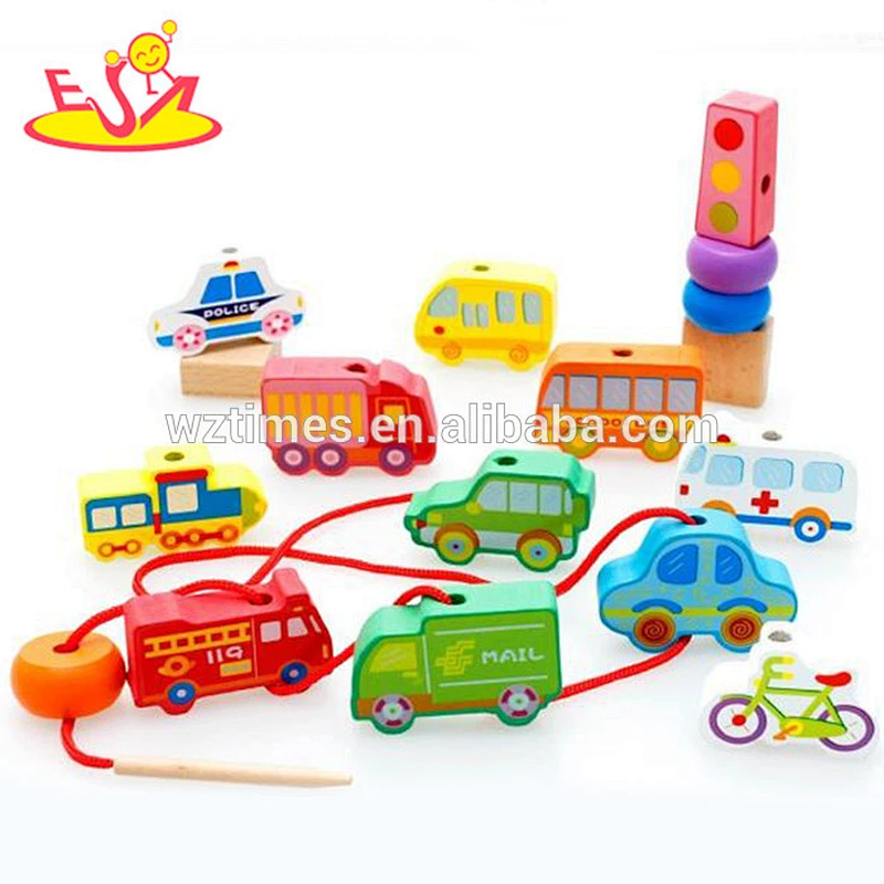 Holzblockspielzeugauto des Großhandelsmode-Babys für das Einfädeln W11E048