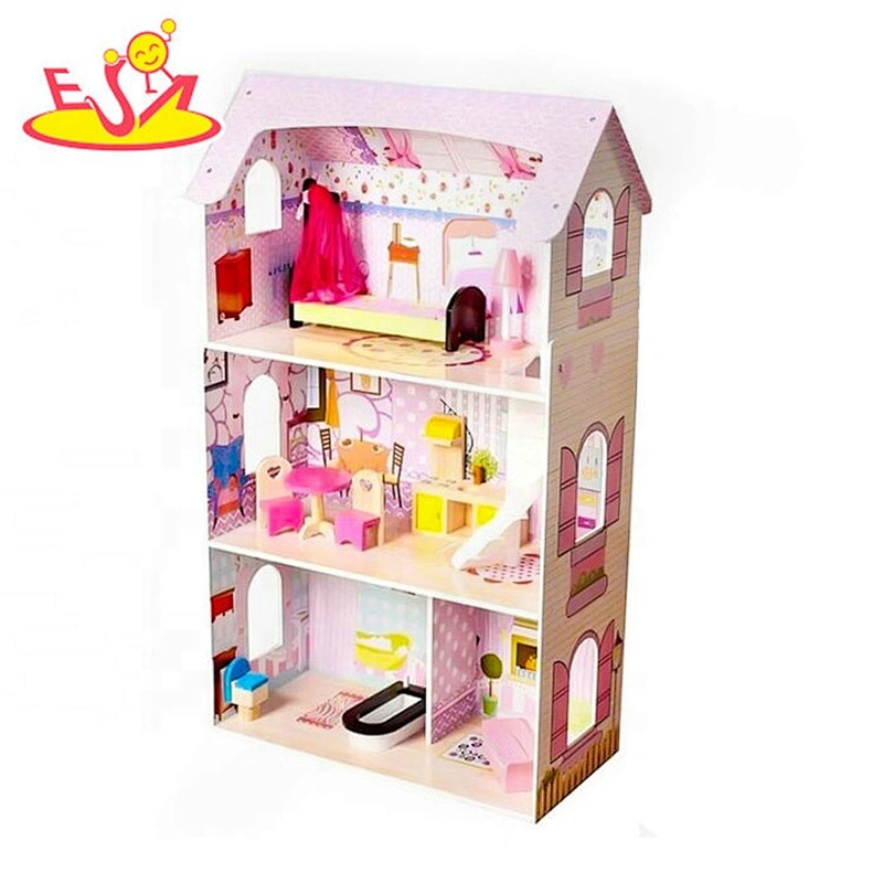 New arrival pretend wooden pink dollhouse for girls W06A355