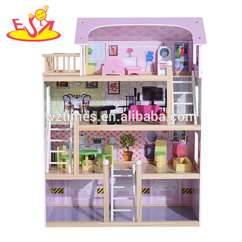high quality 4 floors children wooden dollhouse kits with garage W06A238