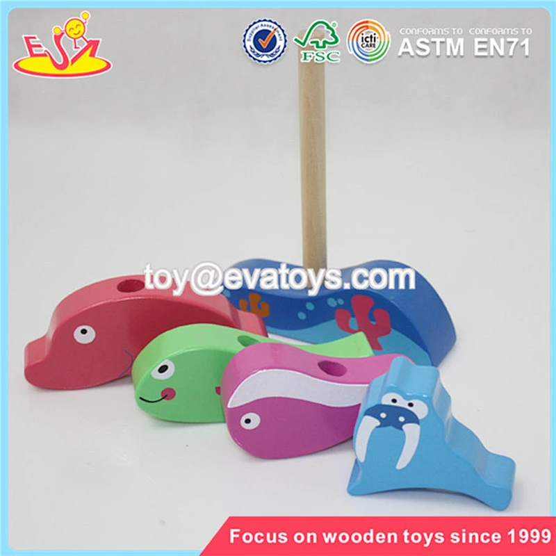 Wholesale cute wooden stacking fish blocks toy funny wooden stacking marine fish blocks toy W13D058
