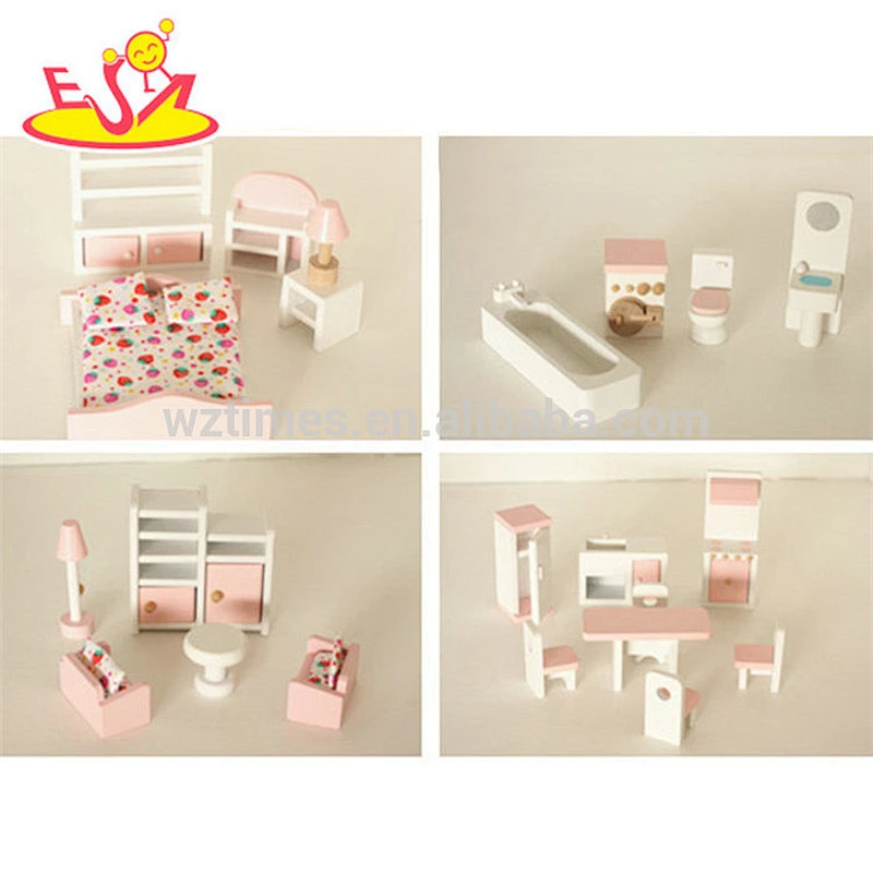 Nueva llegada de la casa de muñecas de madera rosa con muebles W06A319