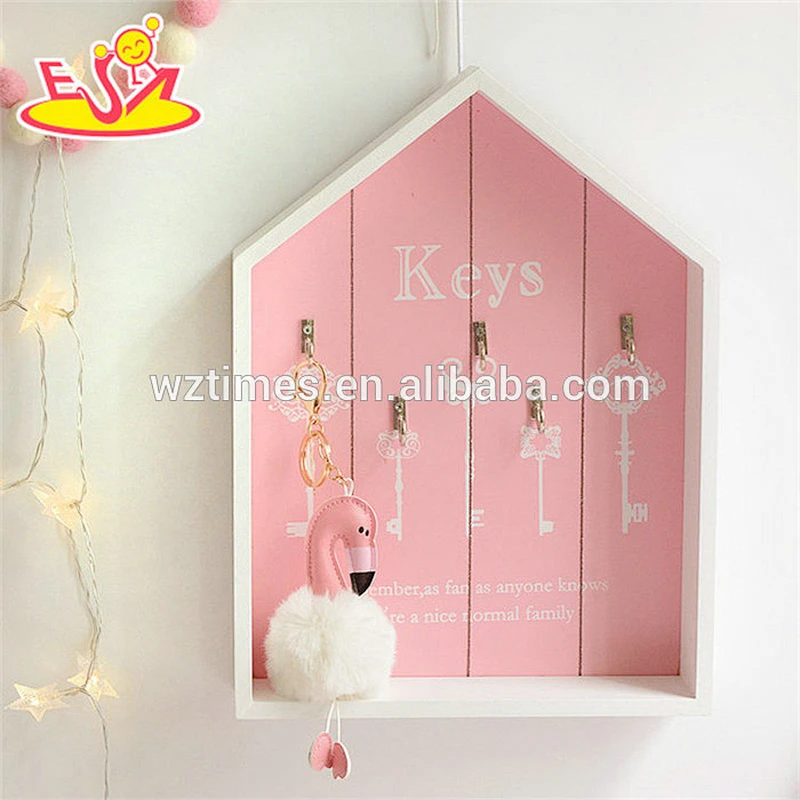 Wholesale houseware conveniently wooden pink wall shelf key holder with 6 hooks W08C260