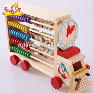 Wholesale early learning wooden abacus alphabet truck toy with clock for baby W12C008