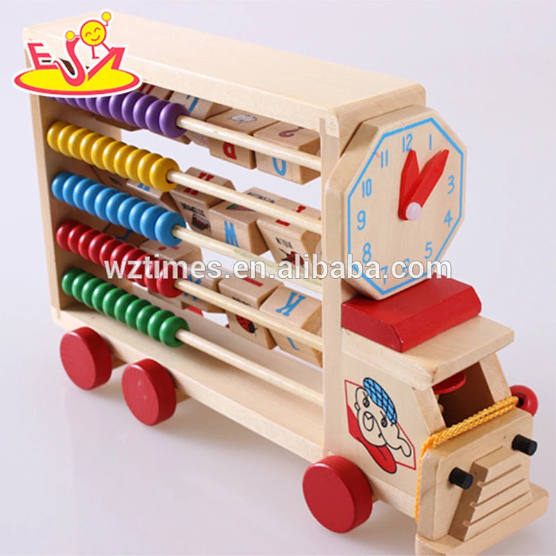 Wholesale early learning wooden abacus alphabet truck toy with clock for baby W12C008
