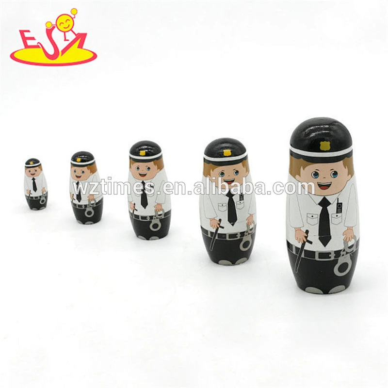Wholesale best birthday gift for kids policemen design wooden toy 5 pcs nesting doll W06D093