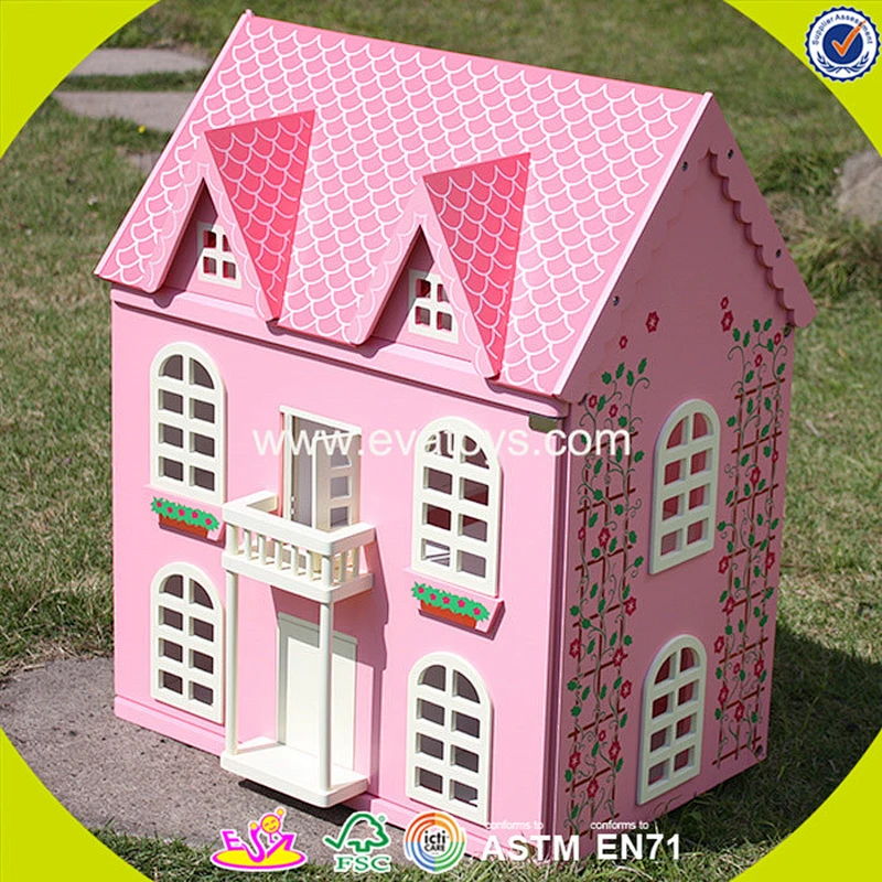 Best design pink house toys wooden dollhouse high quality pink house toys wooden dollhouse for girls W06A020