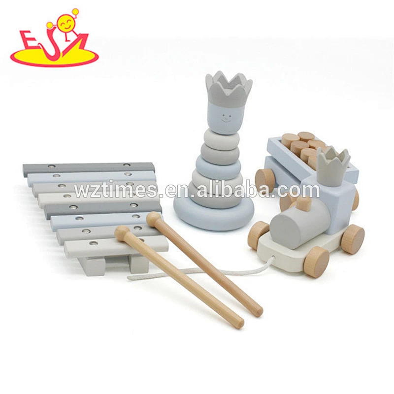 Wholesale beautiful wooden montessori toy with stacking blocks toy&wooden xylophone and pull train toy for baby W12F032