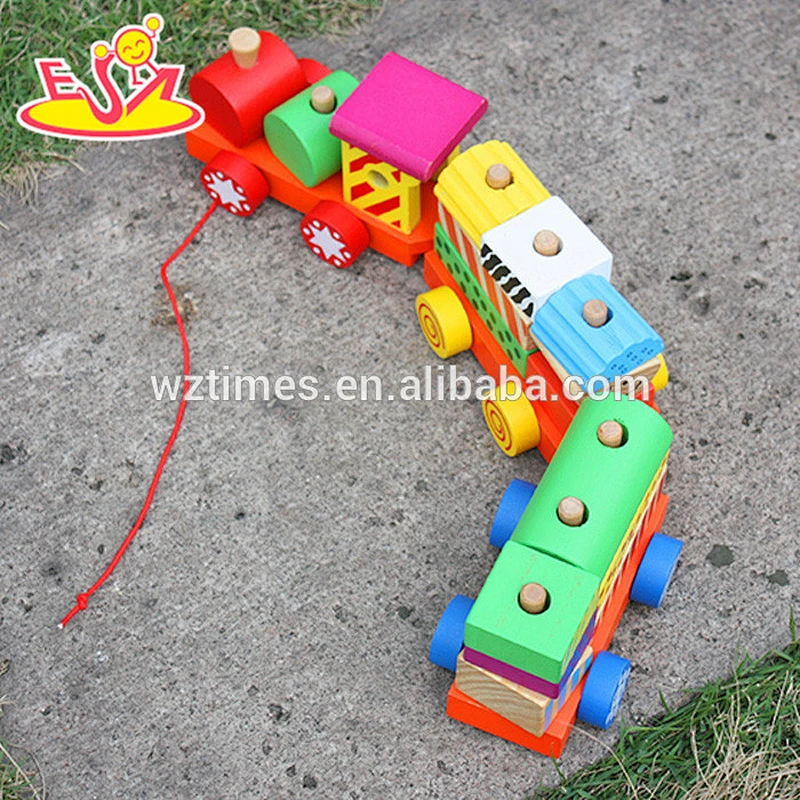 Wholesale colorful diy wooden pull blocks train toy for kids W05B087