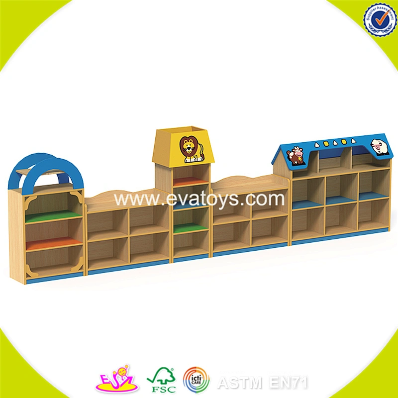 wholesale household design wooden toys storage shelf for kids with 5 plastic bins 2 Tier Wooden toys storage organizer W08C033