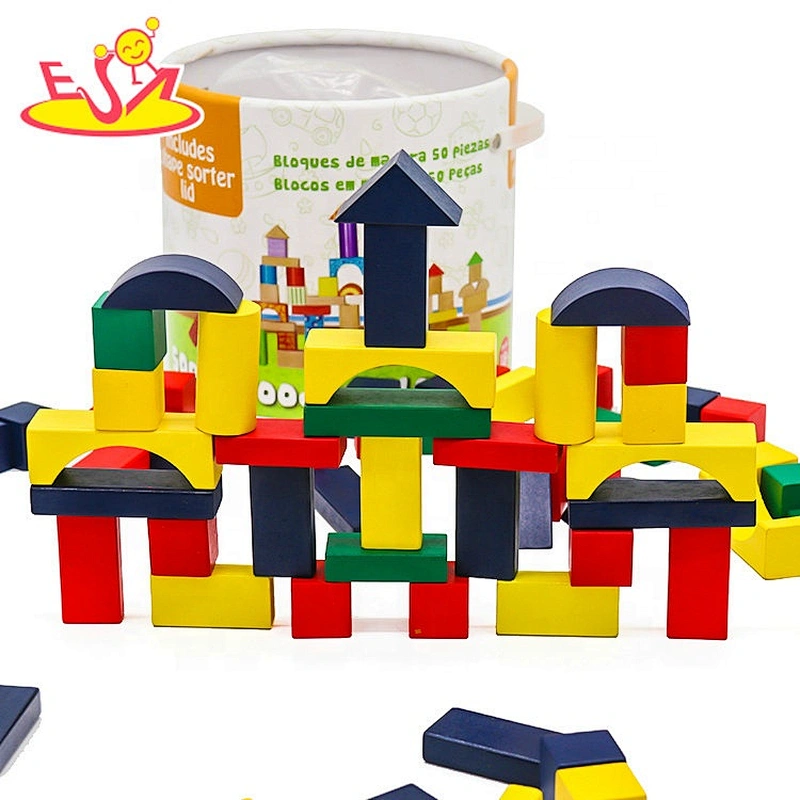 Non-Toxic 50 pcs kids educational wooden building blocks with carrying container W13B041