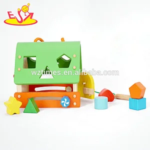 Hölzerne geometrische Blöcke der Großhandelskinder formen Spielzeug mit Haus W12D079