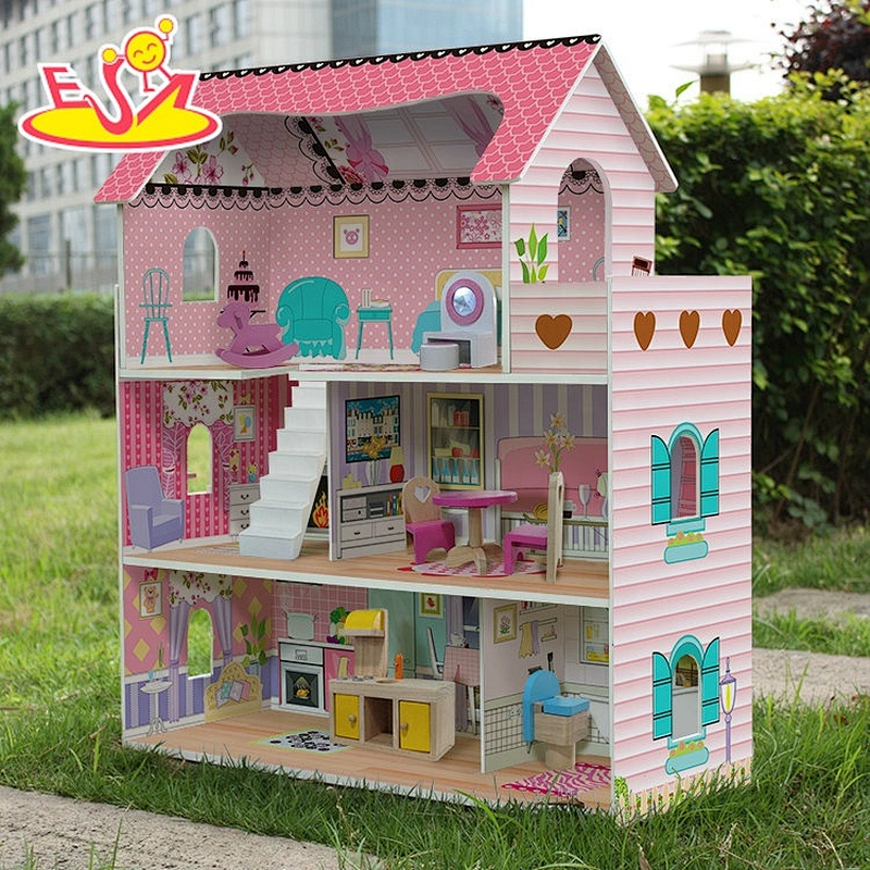 Best design pink wooden miniature dollhouse with 3 tiers W06A380B