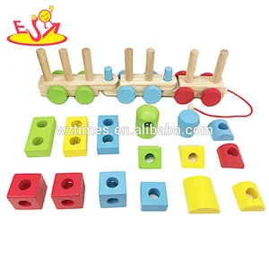 Wholesale wonderful wooden pulling toy and building blocks train for toddlers W05C091