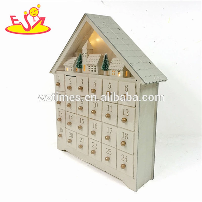 Wholesale pretty house shape wooden white LED christmas calendar for home decoration W09F015