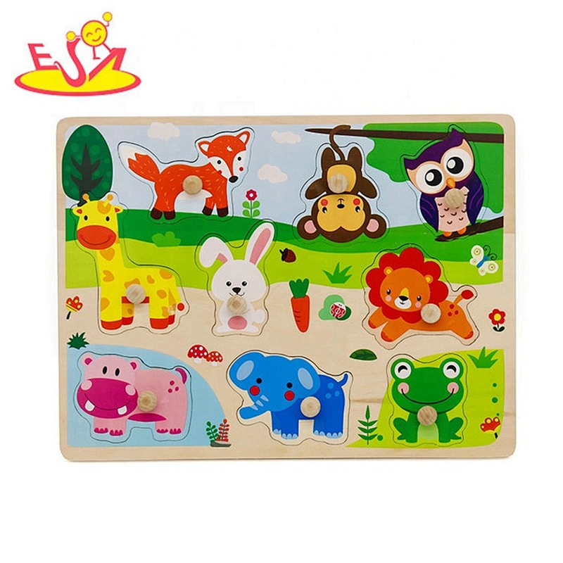 2019 New design kids cartoon wooden animal puzzle with knob W14M153