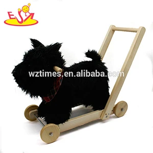 Wholesale most popular black plush baby wooden rocking horse toy with pull cart W16D114