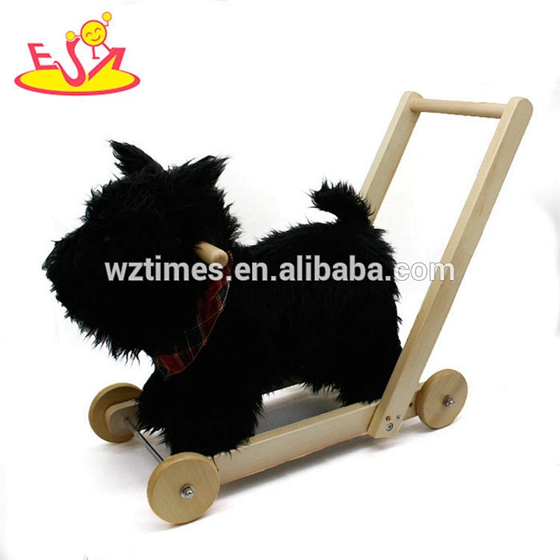 Wholesale most popular black plush baby wooden rocking horse toy with pull cart W16D114