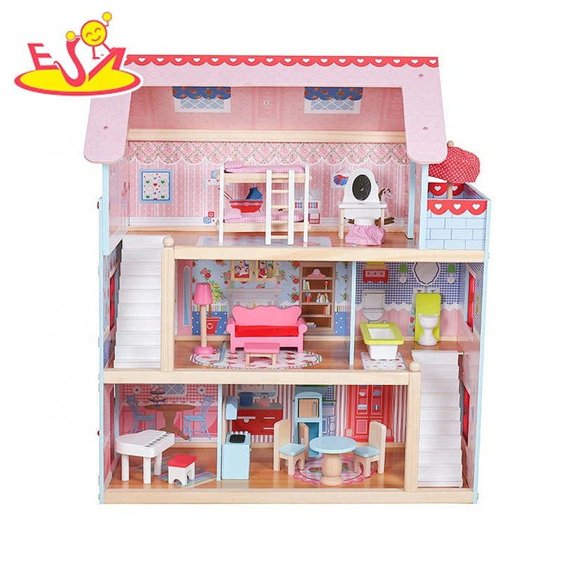 New design baby wooden dollhouse miniatures funny kids wooden dollhouse miniatures for pretend W06A100