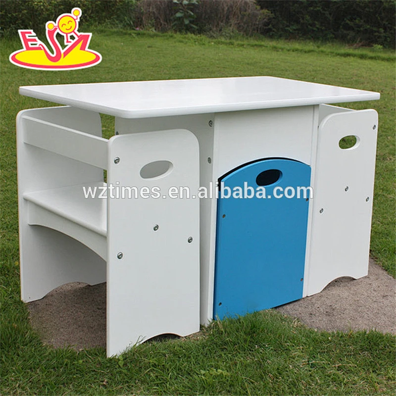 2018 new design home / school / kindergarten white wooden toddler activity table with storage box W08G193