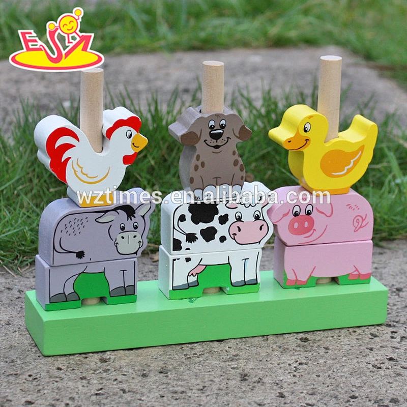 2018 großhandel mode baby holz stapeln tierblöcke, neue design kinder stapeln tierblöcke W13D126