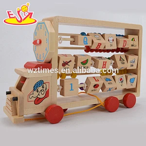 Wholesale early learning wooden abacus alphabet truck toy with clock for baby W12C008
