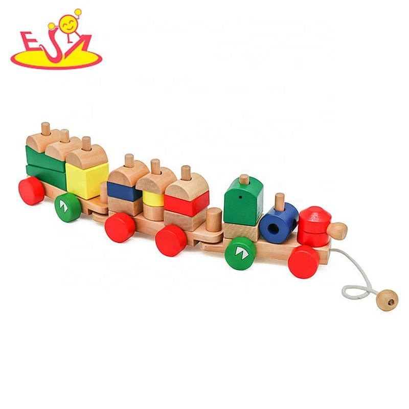 Top sale kids wooden pull along toy with blocks W05C122