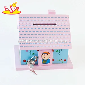 Wholesale top fashion wooden house money box for children storing coins W02A278