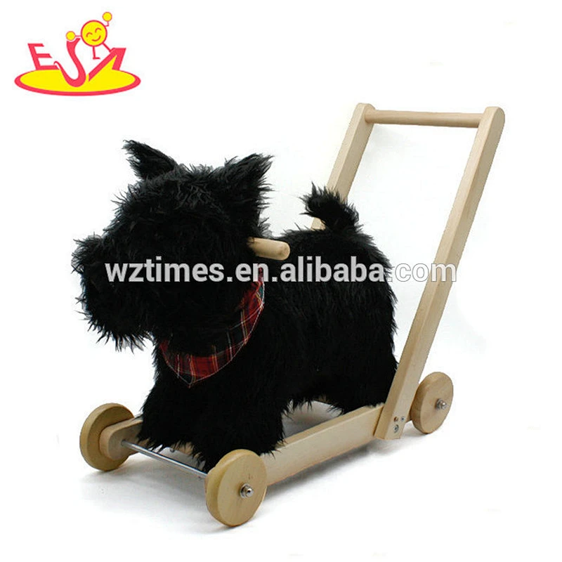 Wholesale most popular black plush baby wooden rocking horse toy with pull cart W16D114