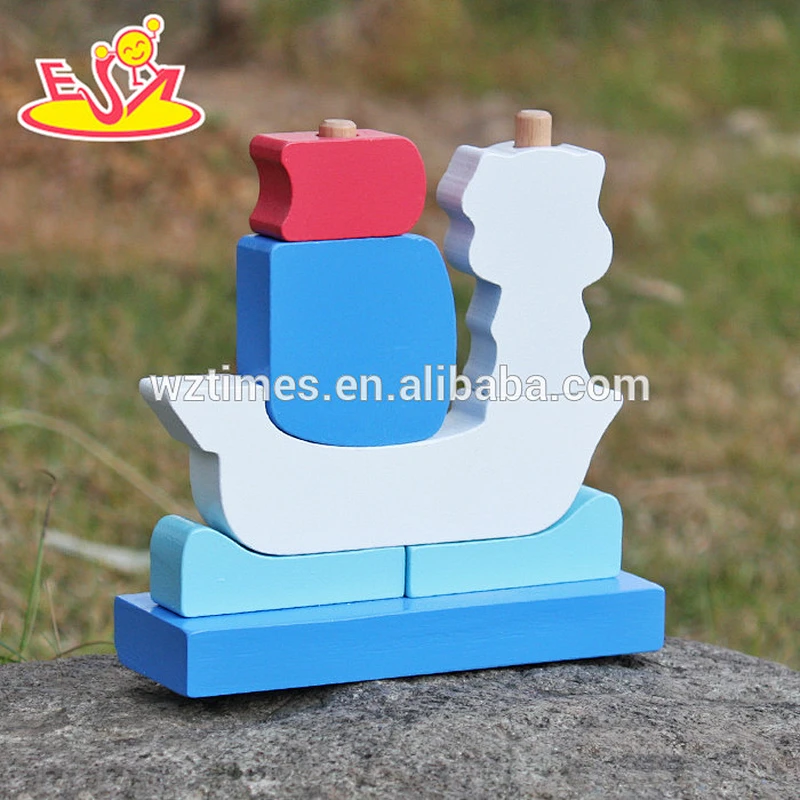 2018 New design pirate boat shape wooden baby stacking toys for education W13D134