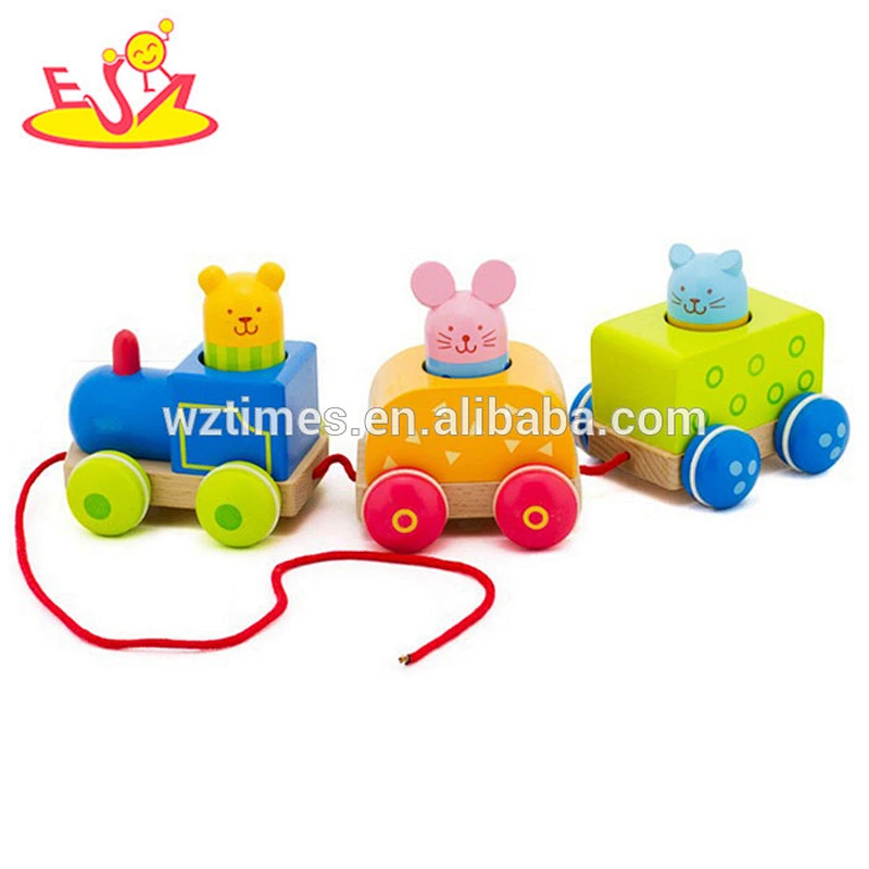 Wholesale new arrival wooden lovely animals shape kids pull train toy bring fun W05B064