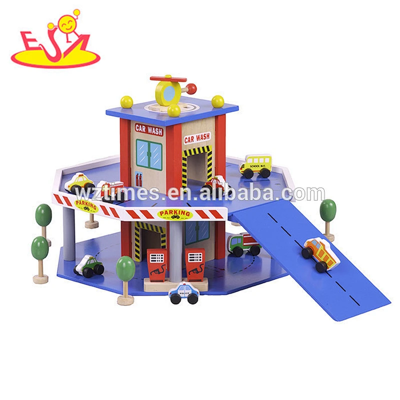 best design preschool wooden toy car garage for kids W04B044