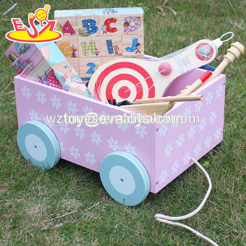 wholesale top quality MDF pull and push kids wooden toy box hot sale Wooden Storage Box with 4 Wheels W08C128