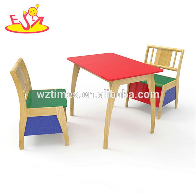 New hottest colored 1 table 2 chair set wooden kids study table and chair with storage function W08G237