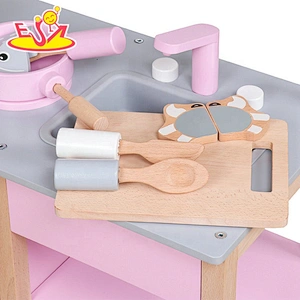 2019 New design girs wooden pink toy kitchen for pretend play W10C457C