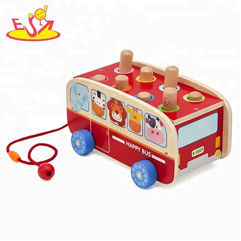 New hottest baby educational pounding games wooden toddler toys in bus shape W05C089