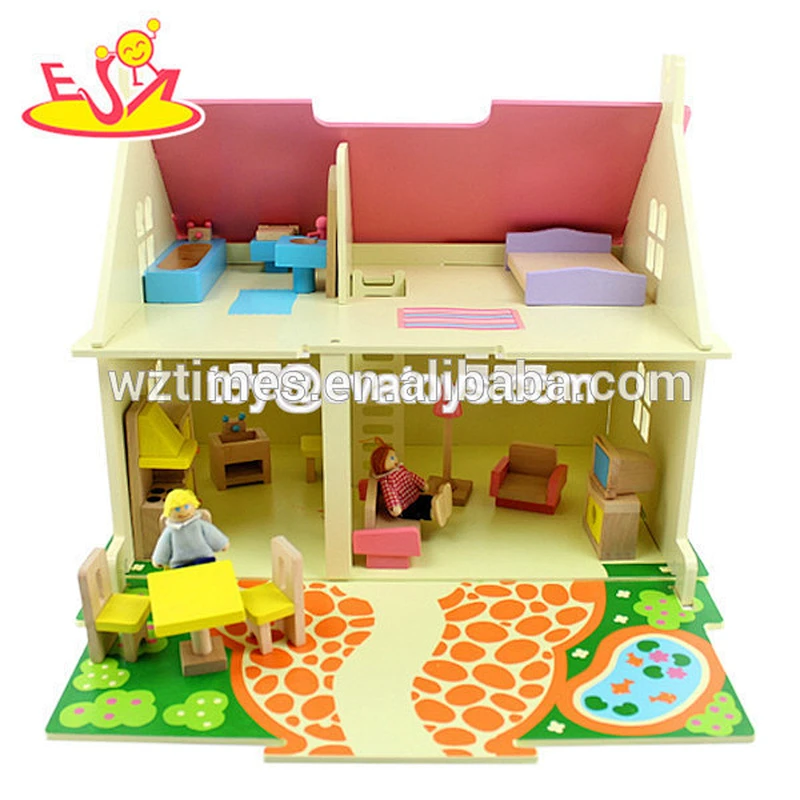 Bester verkaufender brauner DIY des Großhandels bauen hölzernes Spielzeughaus für Kinder W06A075 zusammen