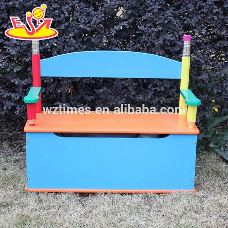 Wholesale cute baby wooden storage bench with handrail used in home or playground W08C061