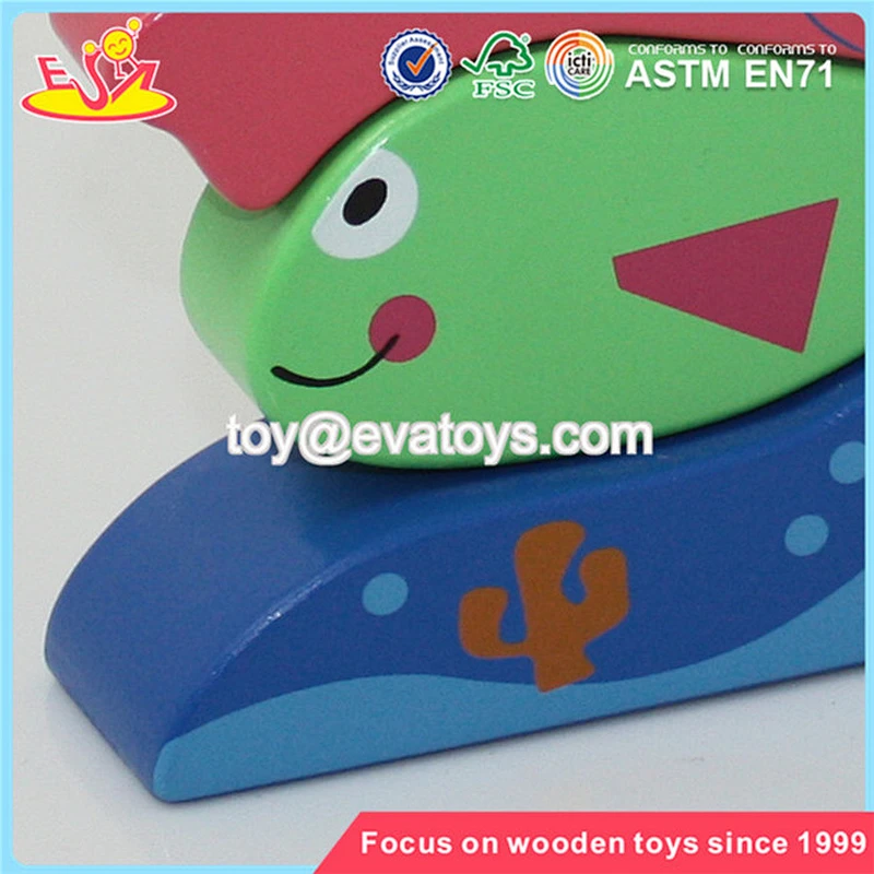 Wholesale cute wooden stacking fish blocks toy funny wooden stacking marine fish blocks toy W13D058