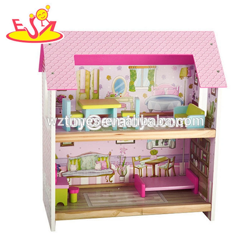 Bester verkaufender brauner DIY des Großhandels bauen hölzernes Spielzeughaus für Kinder W06A075 zusammen