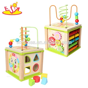 Wholesale fashion multi-function wooden activity toy beads maze cube for baby W11B179