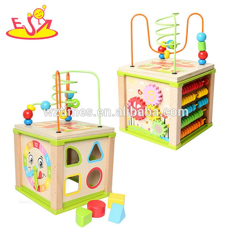 Wholesale fashion multi-function wooden activity toy beads maze cube for baby W11B179