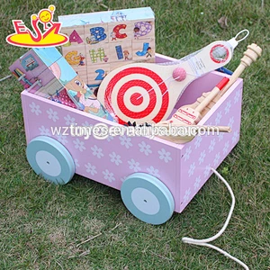 wholesale top quality MDF pull and push kids wooden toy box hot sale Wooden Storage Box with 4 Wheels W08C128